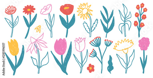 Flowers crayon drawn set. Spring tulip, daisy, aster and marguerite plants doodle set. Pastel childish floral shape. Vector pencil illustration isolated on white background.
