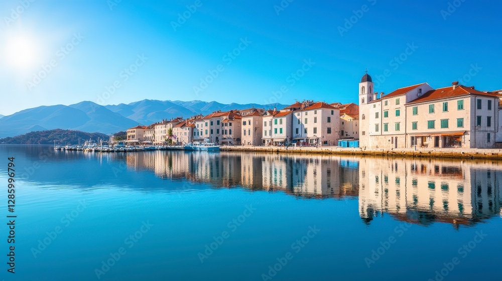 Fototapeta premium Serene Coastal Village with Reflections and Clear Blue Sky in Vibrant Colors