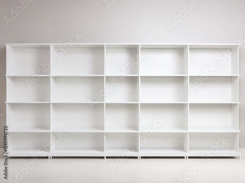 Empty white bookshelf in modern room, interior design concept.