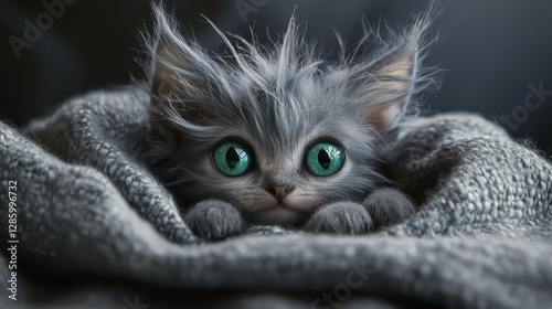 Fluffy gray kitten with striking green eyes peeking from a cozy blanket.