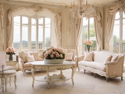 Elegant French Classical Living Room Interior with Luxurious Ornate Cream Furniture, Crystal Chandelier, and Large Arched Windows in a Romantic High-End Manor
