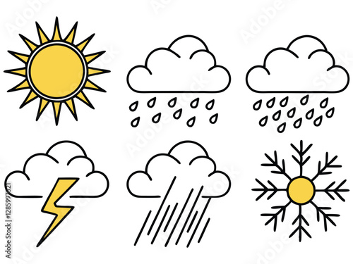 Colorful Weather Icons Set - Sun, Rain, Cloud, Lightning, and Snowflakes in Bold, Simple Design