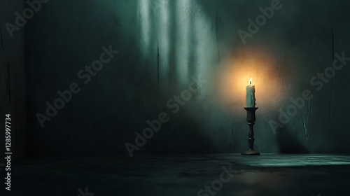 A solitary candle flickering in a dark room, casting shadows that tell a story of things