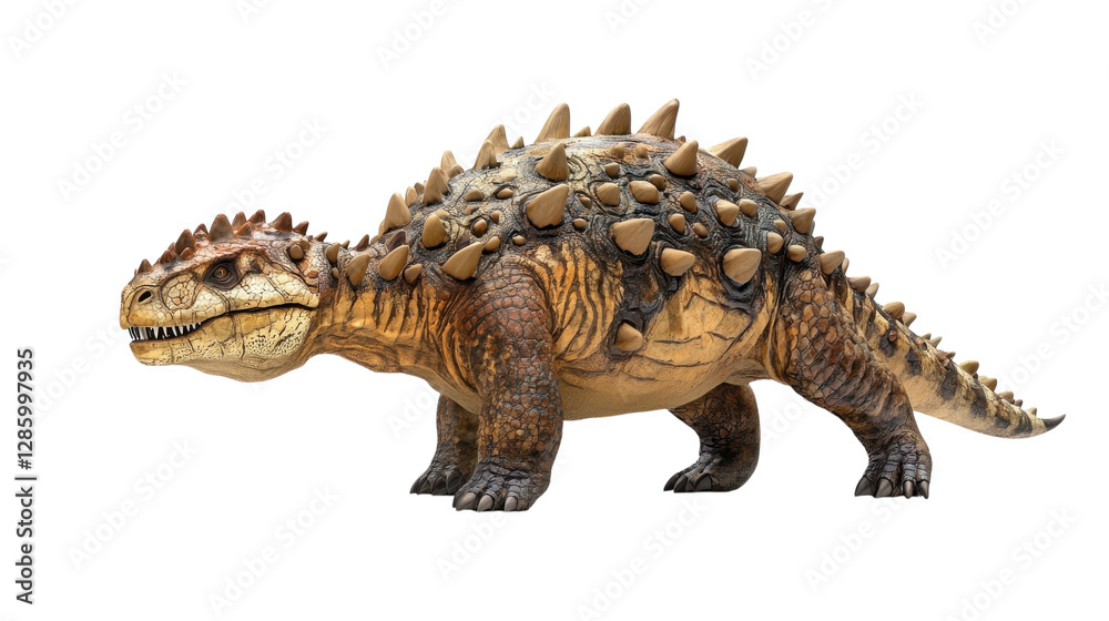 Fototapeta premium Dinosaur-like creature with spiked back and scaled body poses on a plain background during daylight hours