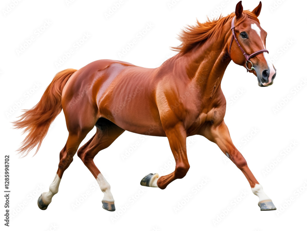 Naklejka premium A majestic brown horse running freely, showcasing its strength and beauty in a natural setting, embodying grace and elegance.
