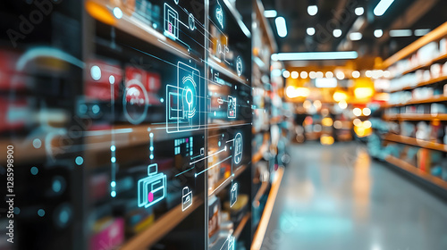 Digital retail concept merging physical icons with virtual interfaces  -  