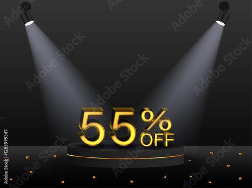 55% discount. Discount. 3D sale symbol with decorative objects, golden confetti, podium. Sale banner and poster. Vector illustration.
