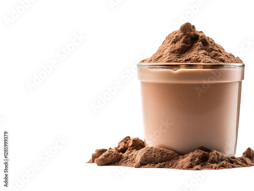 A rich and creamy chocolate dessert in a clear glass, surrounded by cocoa powder for a delectable treat.
