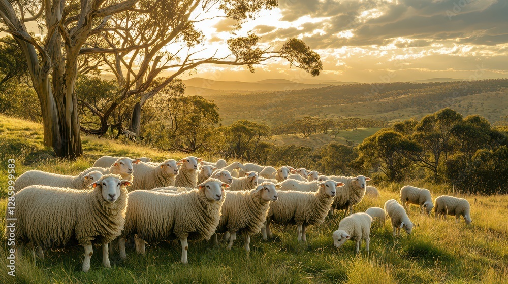 Obraz premium Flock of sheep grazing on a hillside at sunset with beautiful landscapes and trees.