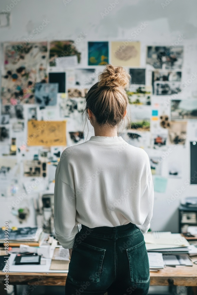 Fototapeta premium Female entrepreneur contemplating her goals while gazing at an inspiring vision board filled with dreams and aspirations.