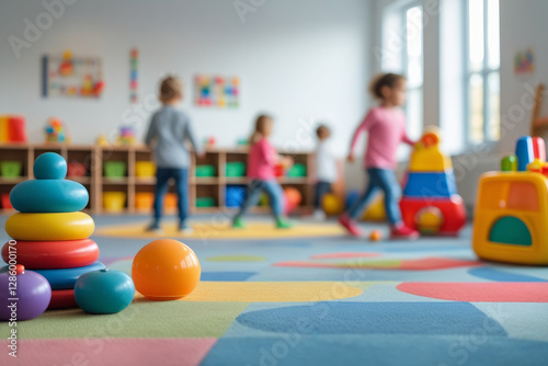 Playroom with toys in kindergarten on the background with blurred playing kids. AI generated