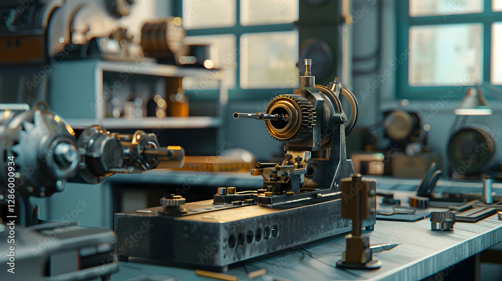 Fototapeta premium Close-up of a precision lathe in a well-lit workshop with tools and machinery in the background