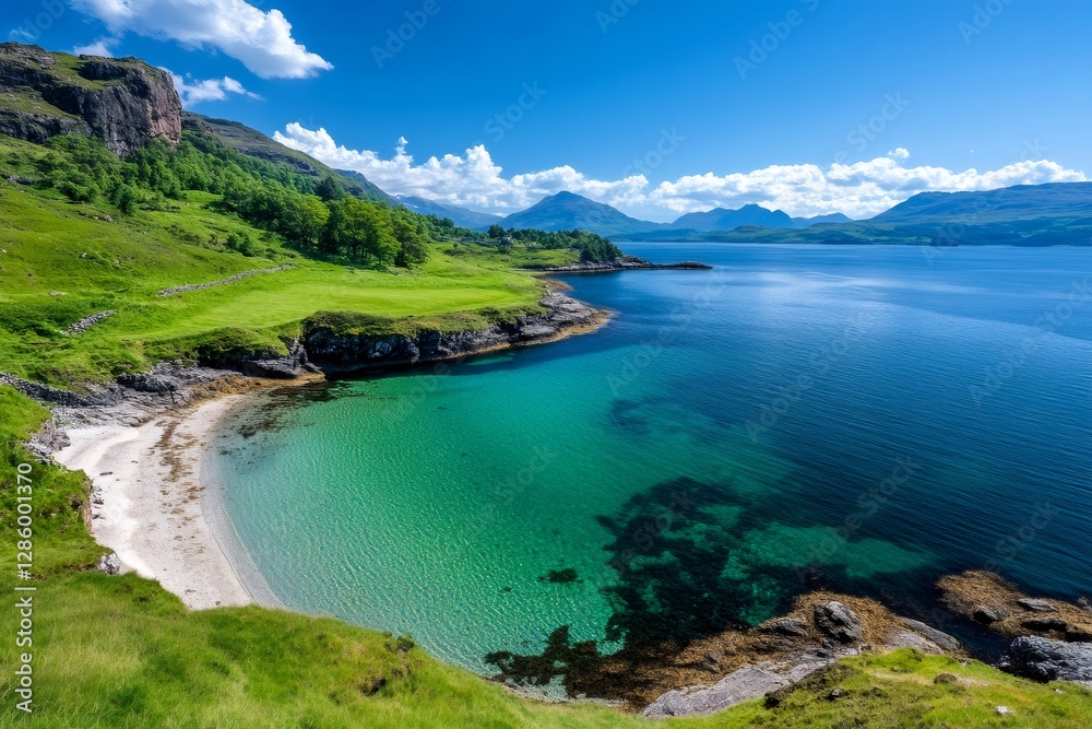 Fototapeta premium Turquoise bay embraces sandy beach on the scottish coastline under blue skies