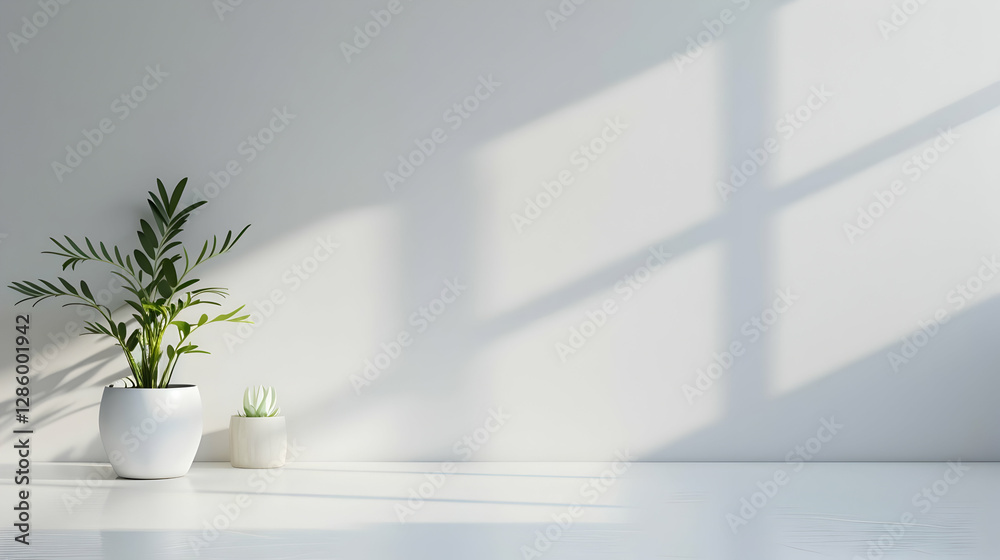Bright and airy indoor scene featuring potted plants on a minimalist white table with shadows Bright and airy indoor scene featuring potted plants on a minimalist white table with shadows