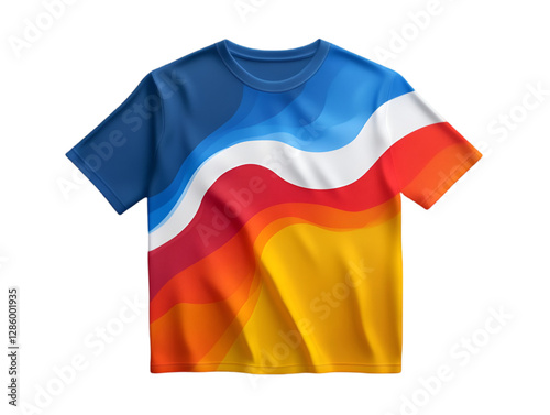 A vibrant, colorful t-shirt design featuring flowing wave patterns in blue, red, white, and yellow hues, perfect for casual wear. photo