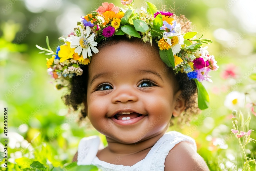 Sunny daylight. Happy holiday season symbol. Happy black infant girl wearing multi-colored flower crown on her head. Happy girl playing in the sun. Smiling young traveler in nature. Sunny daylight. Happy holiday season symbol. Happy black infant girl wearing multi-colored flower crown on her head. Happy girl playing in the sun. Smiling young traveler in nature.