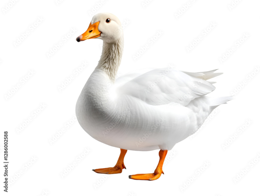 A vibrant white duck standing gracefully with bright orange feet, showcasing its charm and elegance in a striking pose. A vibrant white duck standing gracefully with bright orange feet, showcasing its charm and elegance in a striking pose.