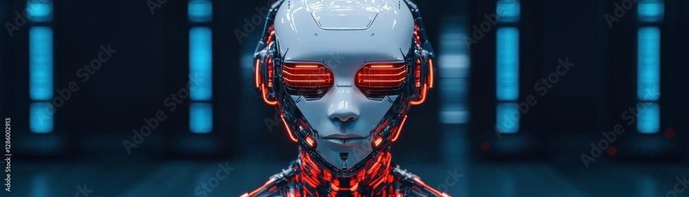 Fototapeta premium A futuristic humanoid robot with glowing red elements stands in a dark, high-tech environment, showcasing advanced artificial intelligence design.