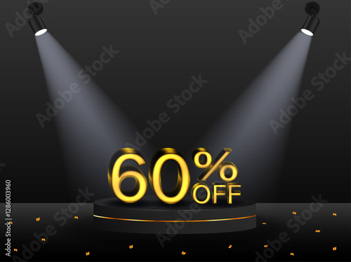 60% discount. Discount. 3D sale symbol with decorative objects, golden confetti, podium. Sale banner and poster. Vector illustration.