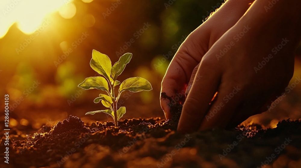 Fototapeta premium Human hands planting a tree in the soil at sunset. Earth day concept.