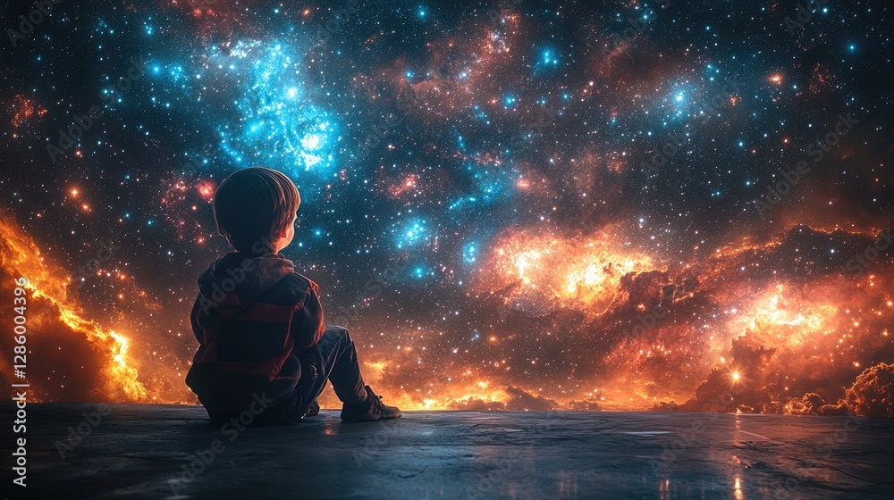 A young child gazes in awe at the mesmerizing cosmos filled with vibrant colors, stars, and swirling galaxies, inspiring dreams of exploration A young child gazes in awe at the mesmerizing cosmos filled with vibrant colors, stars, and swirling galaxies, inspiring dreams of exploration