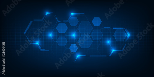Vector illustrations of futuristic display for horizontal layout showcase with optic hexagon network and digital element grid line circuit decor.Future digital innonvation and technolog concept.