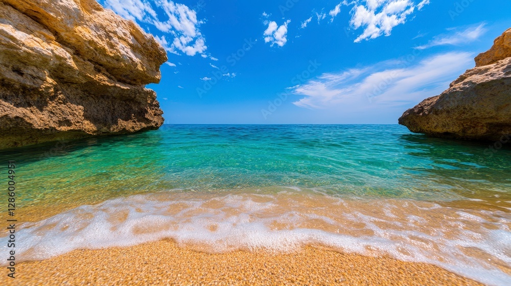 Fototapeta premium Tranquil Beach Scene with Clear Water and Rocky Cliffs under Bright Sky