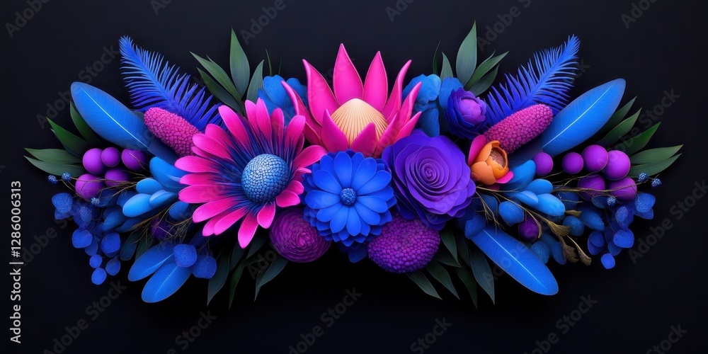 Obraz premium Showcasing rare wood sorrels, fuchsia proteas, and electric blue delphiniums in a vibrant, futuristic color palette.