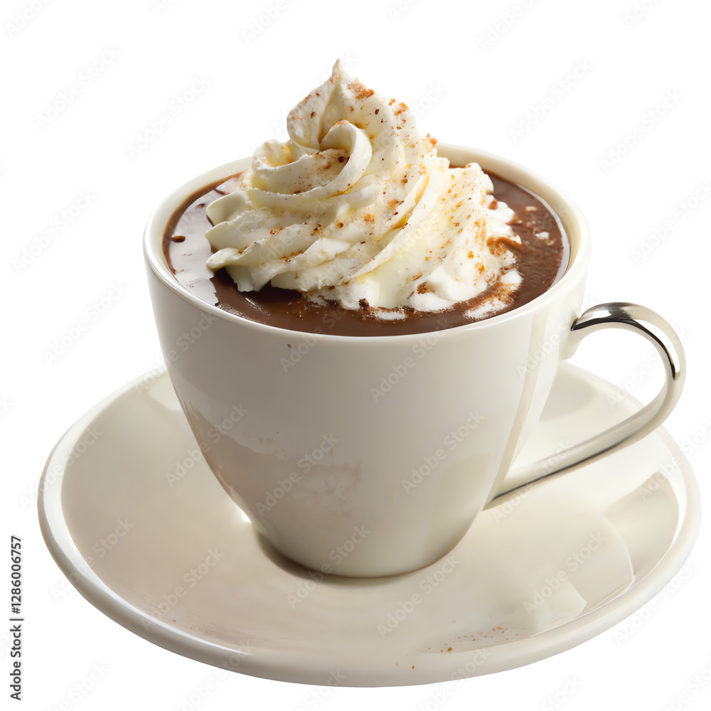 Hot chocolate in a cup topped with whipped cream, isolated on transparent background Hot chocolate in a cup topped with whipped cream, isolated on transparent background