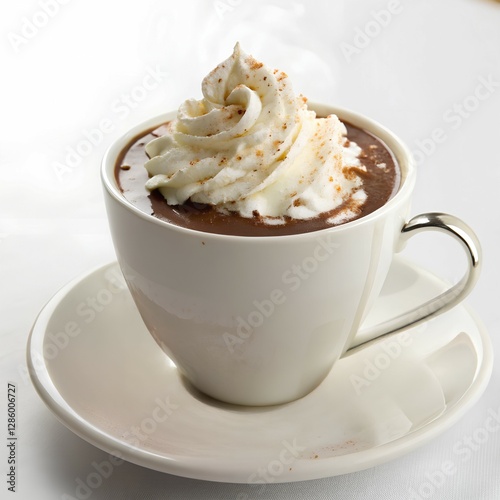 Hot chocolate in a cup topped with whipped cream, isolated 