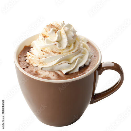 Hot chocolate in a cup topped with whipped cream, isolated on transparent background