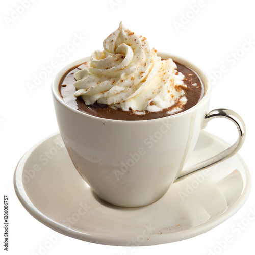 Hot chocolate in a cup topped with whipped cream, isolated on transparent background