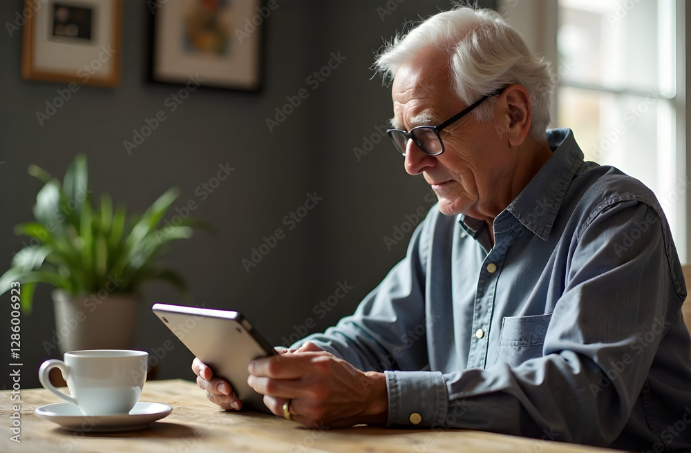 Senior man in glasses using a tablet at the breakfast table. Perfect for illustrating digital literacy, learning, and modern lifestyle for older adults. Selective focus Senior man in glasses using a tablet at the breakfast table. Perfect for illustrating digital literacy, learning, and modern lifestyle for older adults. Selective focus