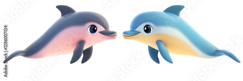 Two La Plata dolphins in contrasting colors with opposite expressions on a transparent backdrop.