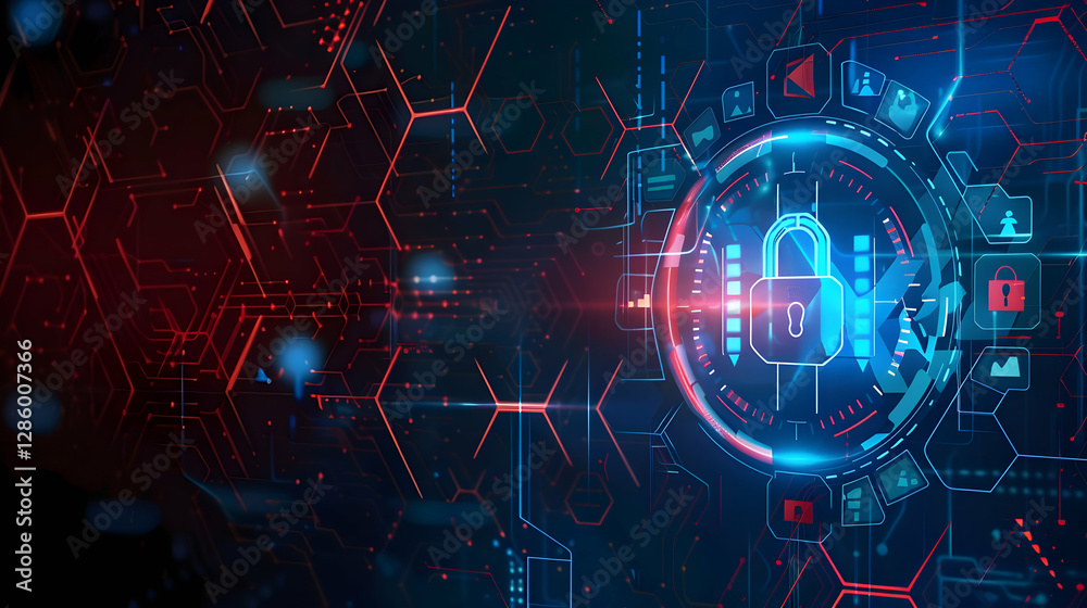 Obraz premium Futuristic digital security interface with lock symbol and vibrant hexagonal patterns