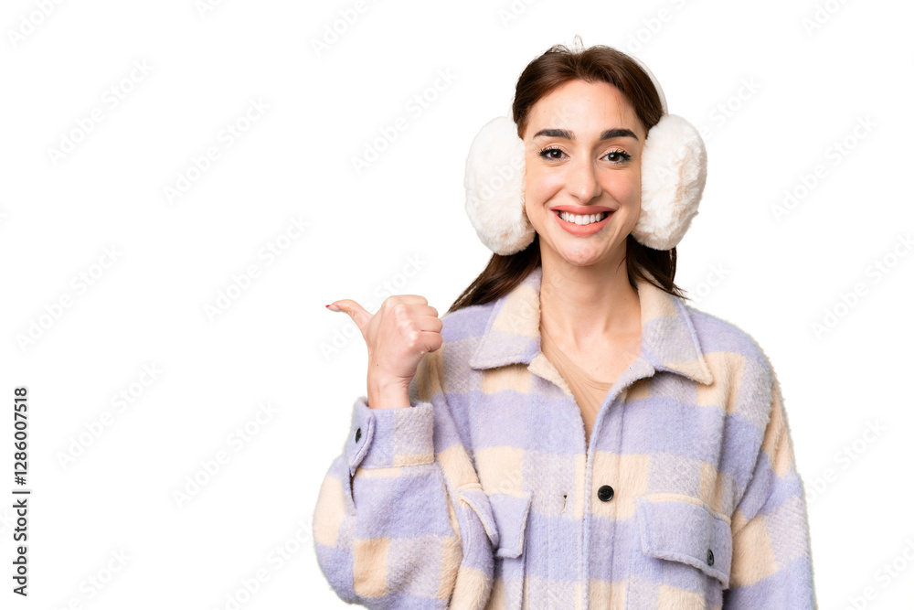 Young caucasian woman wearing winter muffs over isolated chroma key background pointing to the side to present a product Young caucasian woman wearing winter muffs over isolated chroma key background pointing to the side to present a product