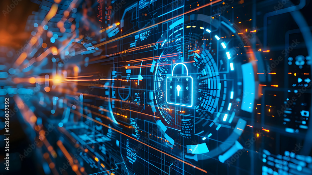 Fototapeta premium Futuristic digital security interface with glowing lock symbols and data streams in a tech environment