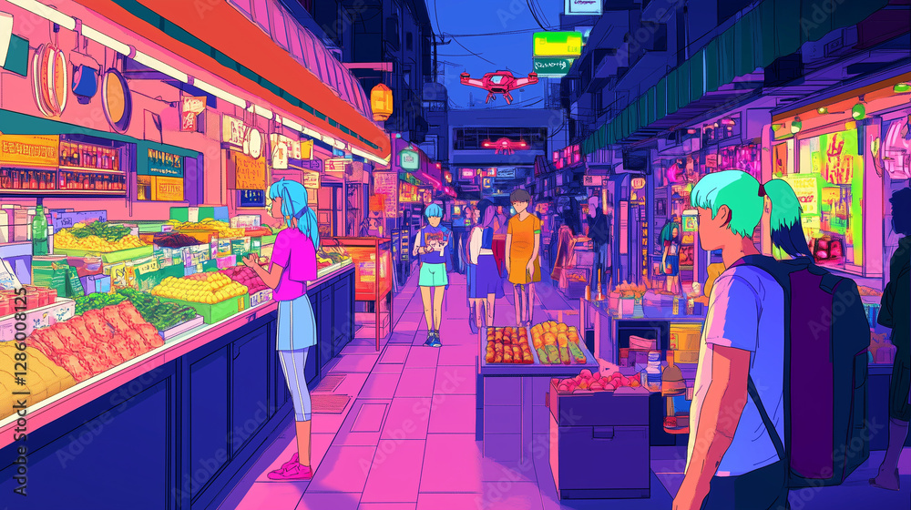 Obraz premium Futuristic market alley Neon food stalls, cyborg vendors, and floating drones, anime characters with vibrant hair
