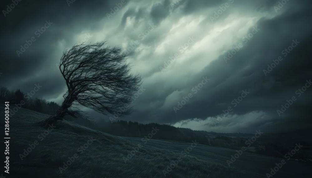 Fototapeta premium Windswept Tree Under a Dark and Stormy Sky