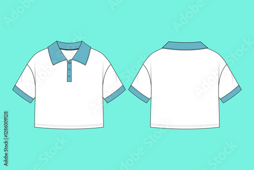 Ladies cropped polo shirt mockup template technical flat sketch.