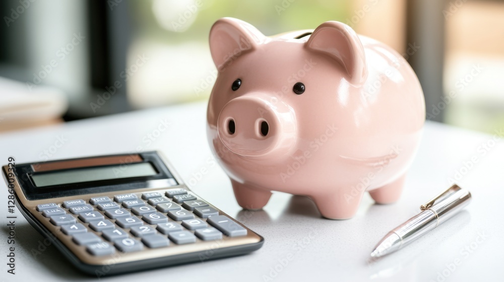 A piggy bank with a calculator and pen placed beside it on a white surface A piggy bank with a calculator and pen placed beside it on a white surface