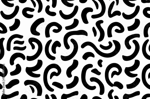 A playful and dynamic pattern consisting of various black geometric shapes and lines on a white background