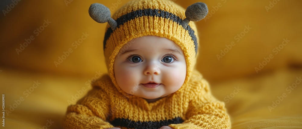 Baby in bee costume, yellow backdrop, front view, adorable and sweet Baby in bee costume, yellow backdrop, front view, adorable and sweet