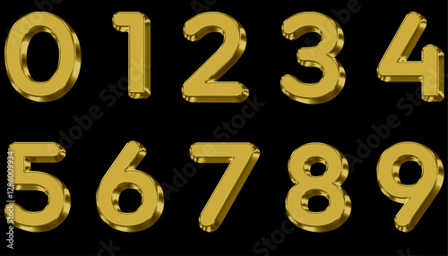 Set of golden 3D numbers, isolated on black background. numbers from 0 to 9 in gold.