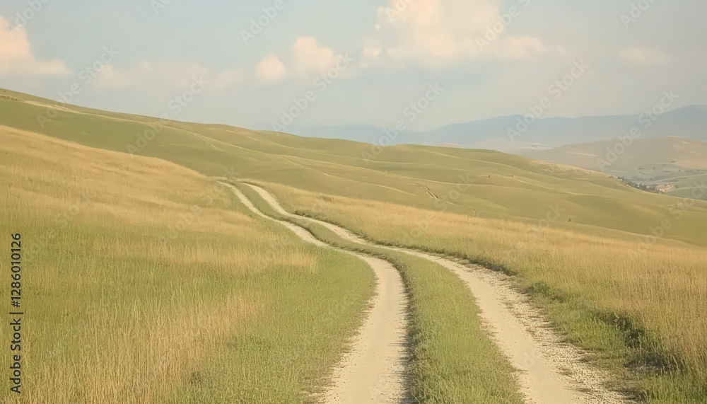 Fototapeta premium Winding Dirt Road Through Rolling Green Hills Under a Bright Sky