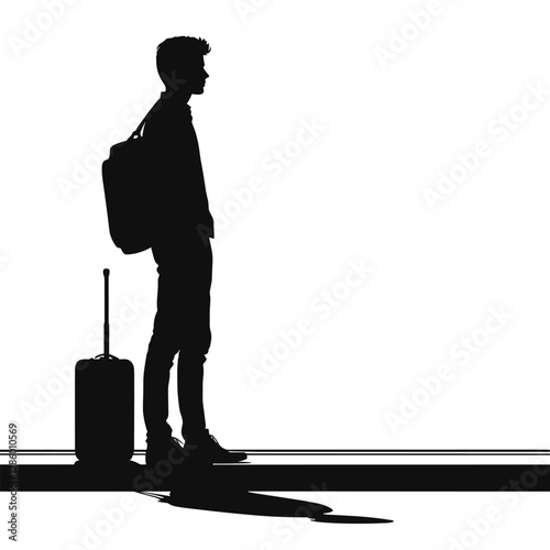 Traveler Silhouette with Suitcase Minimalist Black and White Illustration of a Backpacker