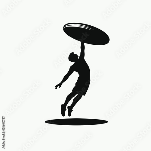 Silhouette of Man Jumping with Frisbee in Minimalist Black and White