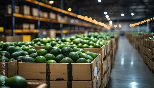 Crates of avocados in a warehouse, rows of boxes, bright lighting, spacious and organized photo