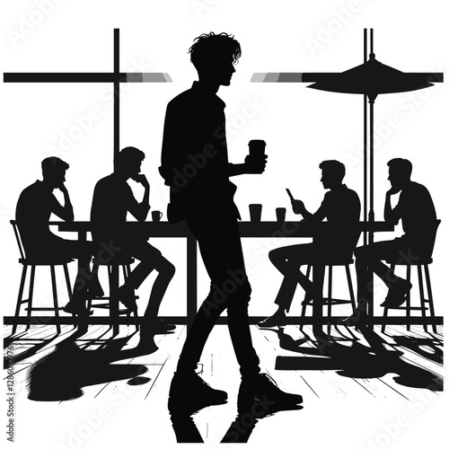 Silhouette of People in Modern Coffee Shop Black and White Illustration