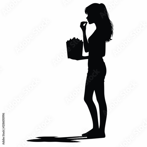 Silhouette of Woman Eating Popcorn - Black and White Line Art